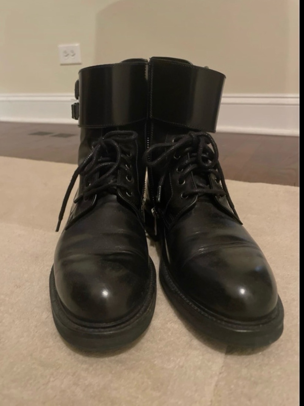 All Saints Black Leather Lace-Up Black Combat Boots with Ankle Strap